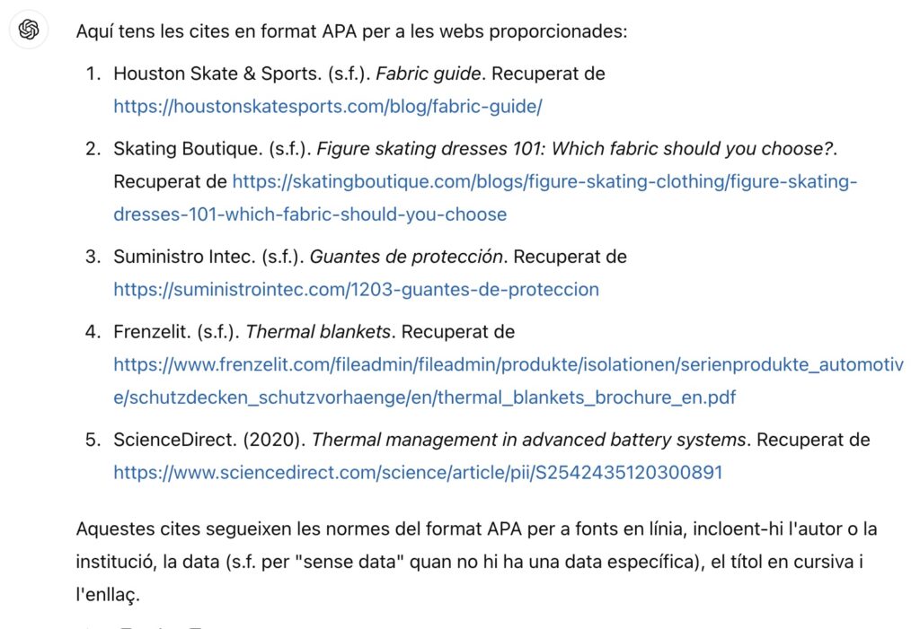 Formato APA de referencias en línea generado por ChatGPT